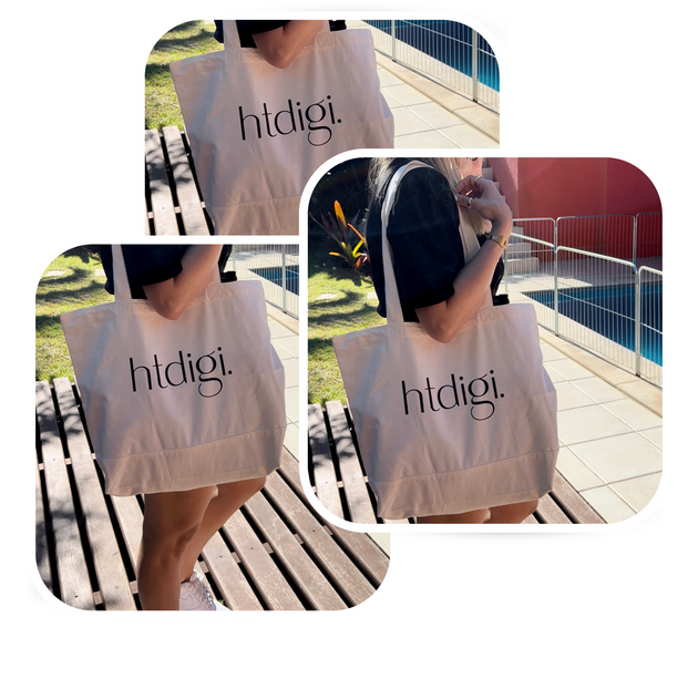a woman is holding a tote bag that says hidigi
