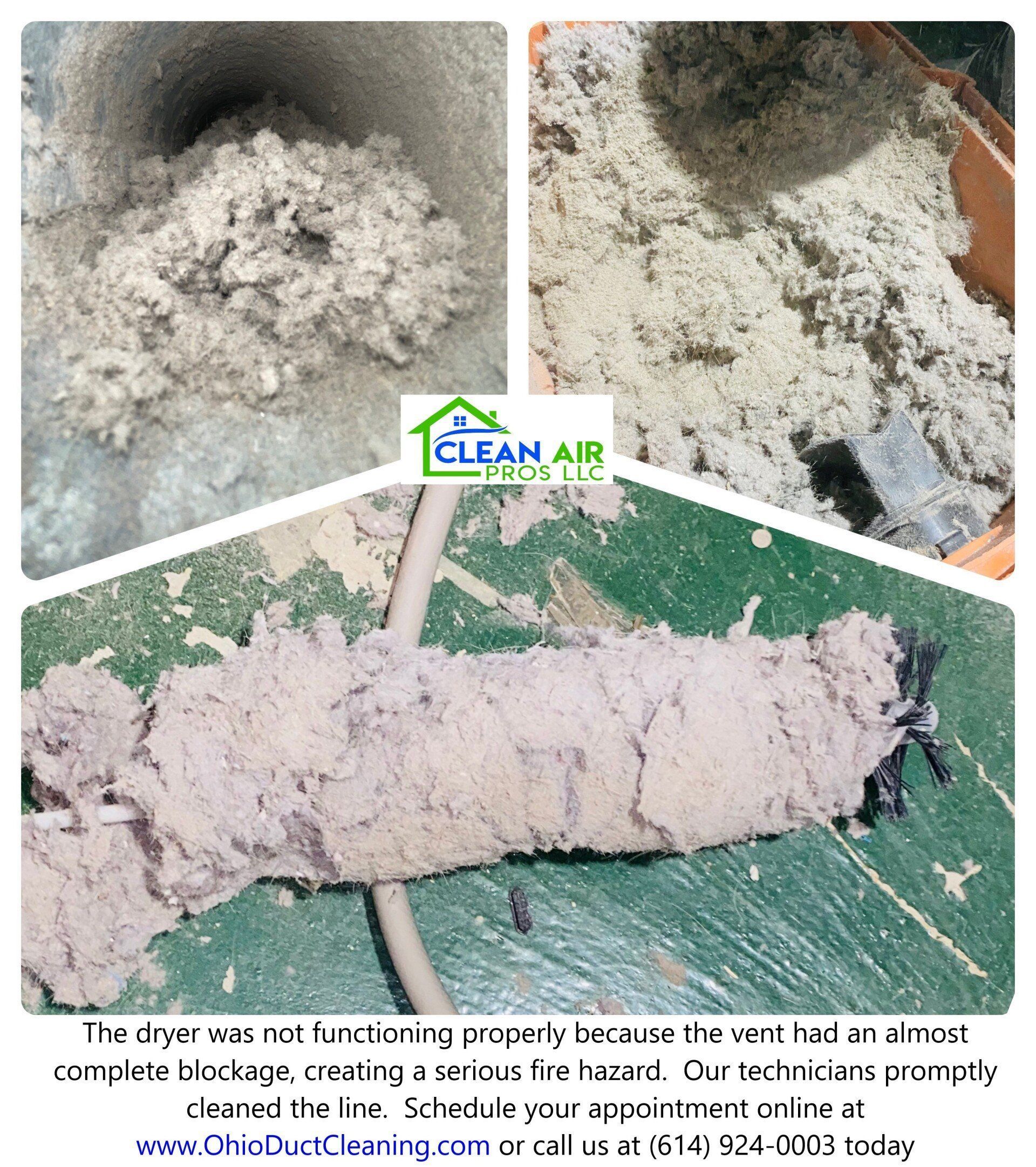 Dirty air duct cleaning demonstration with text about blockage and hazards.