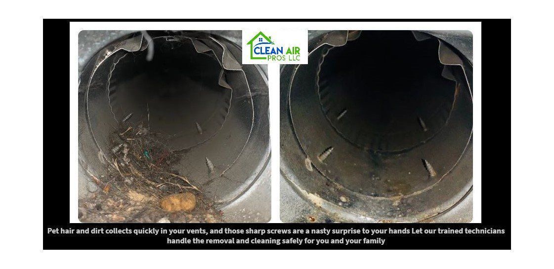 Two images side-by-side show the inside of a duct before and after cleaning.