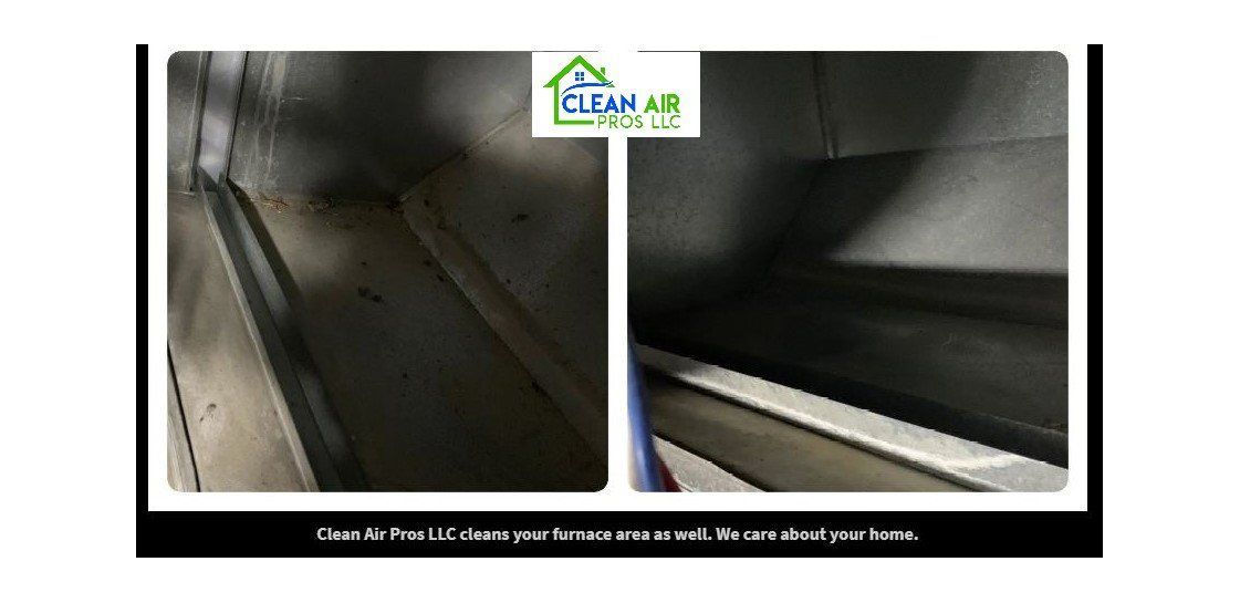 Before and after view of an air duct cleaning. Dirty duct on left, clean duct on right.