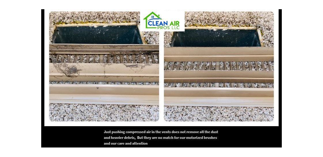 Before and after of a cleaned vent. Dark vent before/light after, with white and gray trim/carpet.