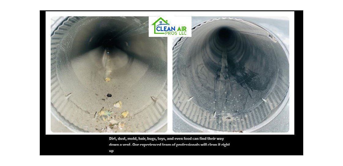 Two photos of air ducts, one dirty and one clean, with a logo and text at the bottom.