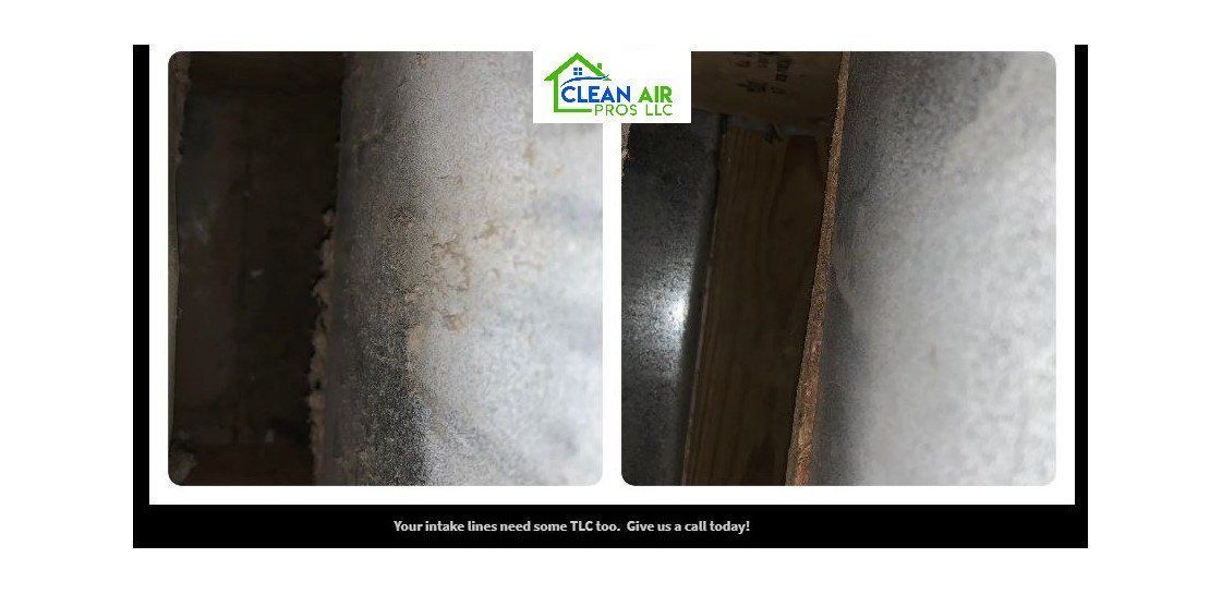 A moldy air duct interior with a logo of 