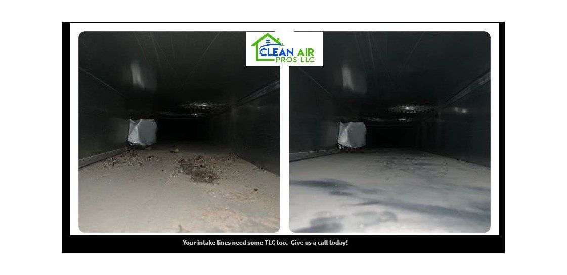 Comparison of air duct interior: before and after cleaning. Dark, dusty duct on left; clean on right.
