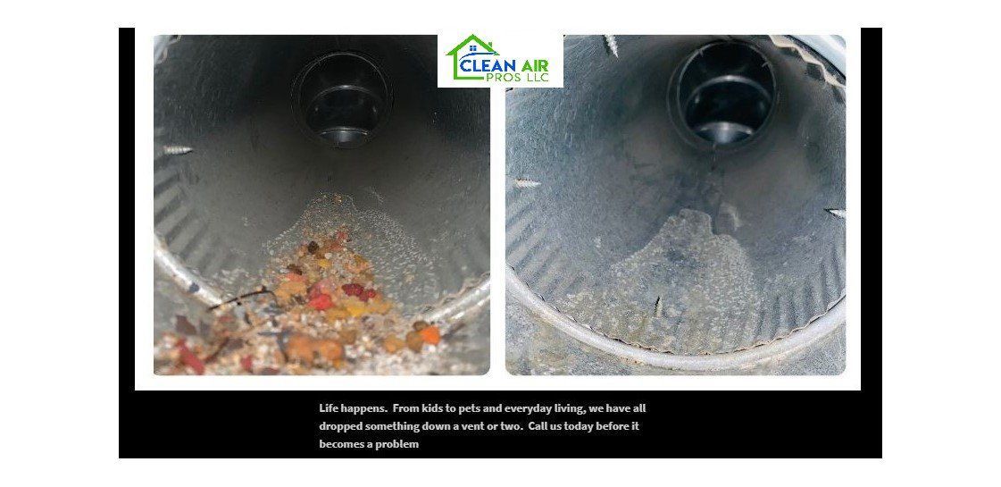 Before and after images of a vent cleaning. One shows debris, the other a clean vent.