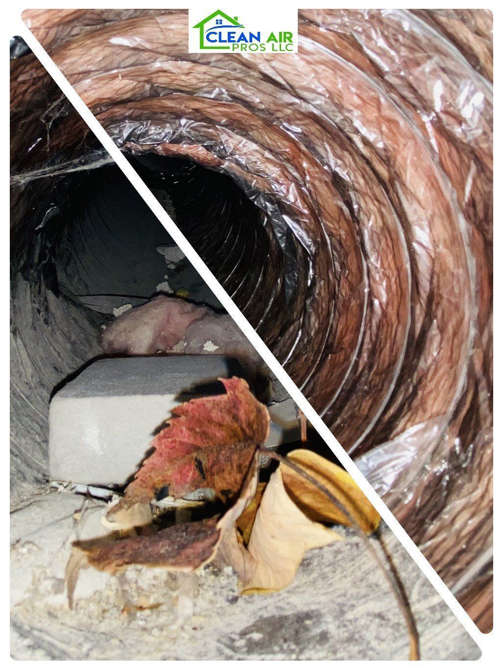 Halved view of dirty and clean HVAC duct. One side shows debris, dust, and leaves; the other, a clean interior.