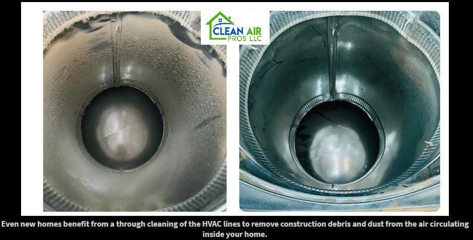 Before and after view of a circular duct, showing removal of debris after cleaning.