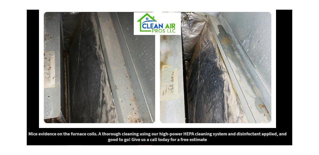 Two views of a duct interior showing mold and grime buildup.
