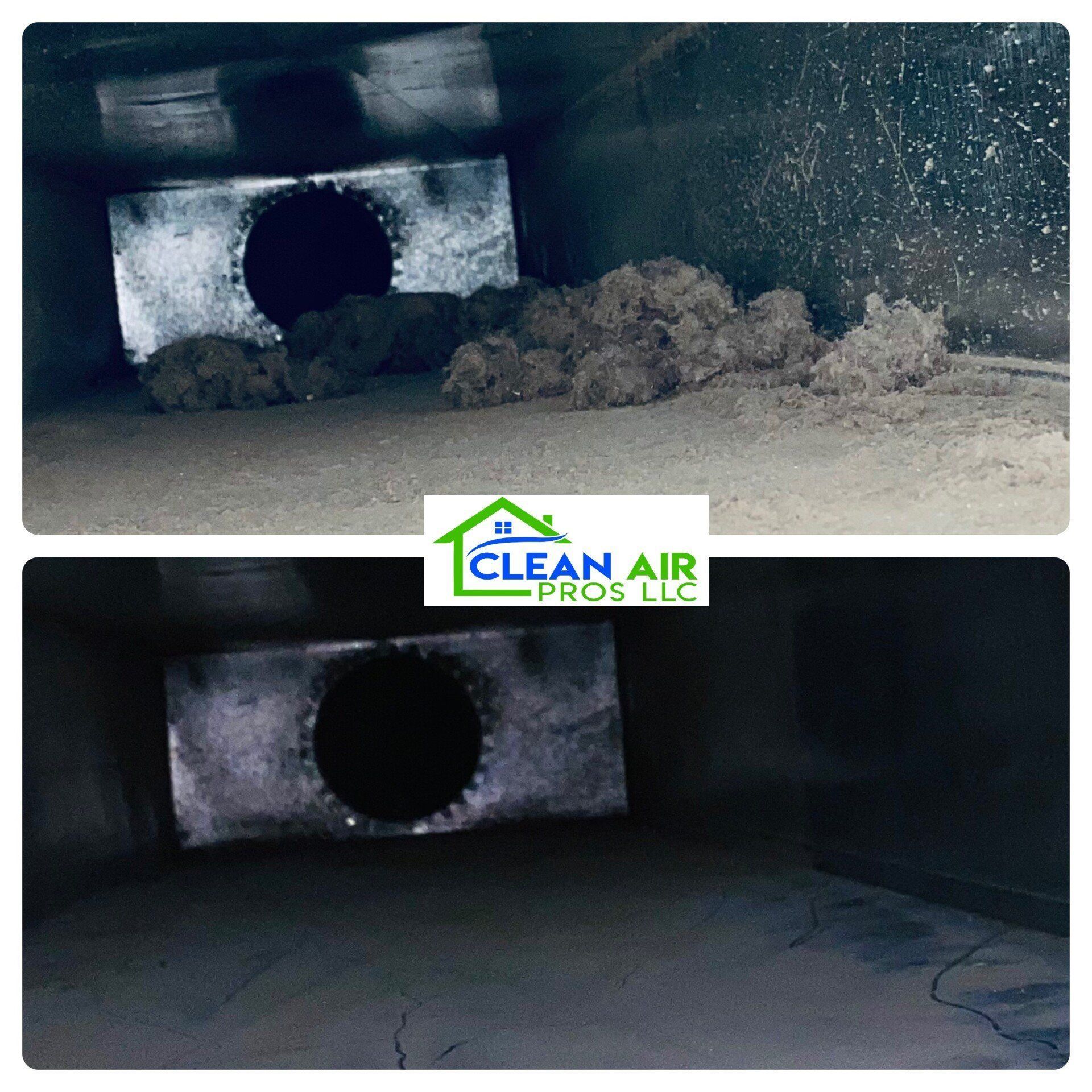 Before and after of a duct cleaning service showing a dusty air duct being cleaned.