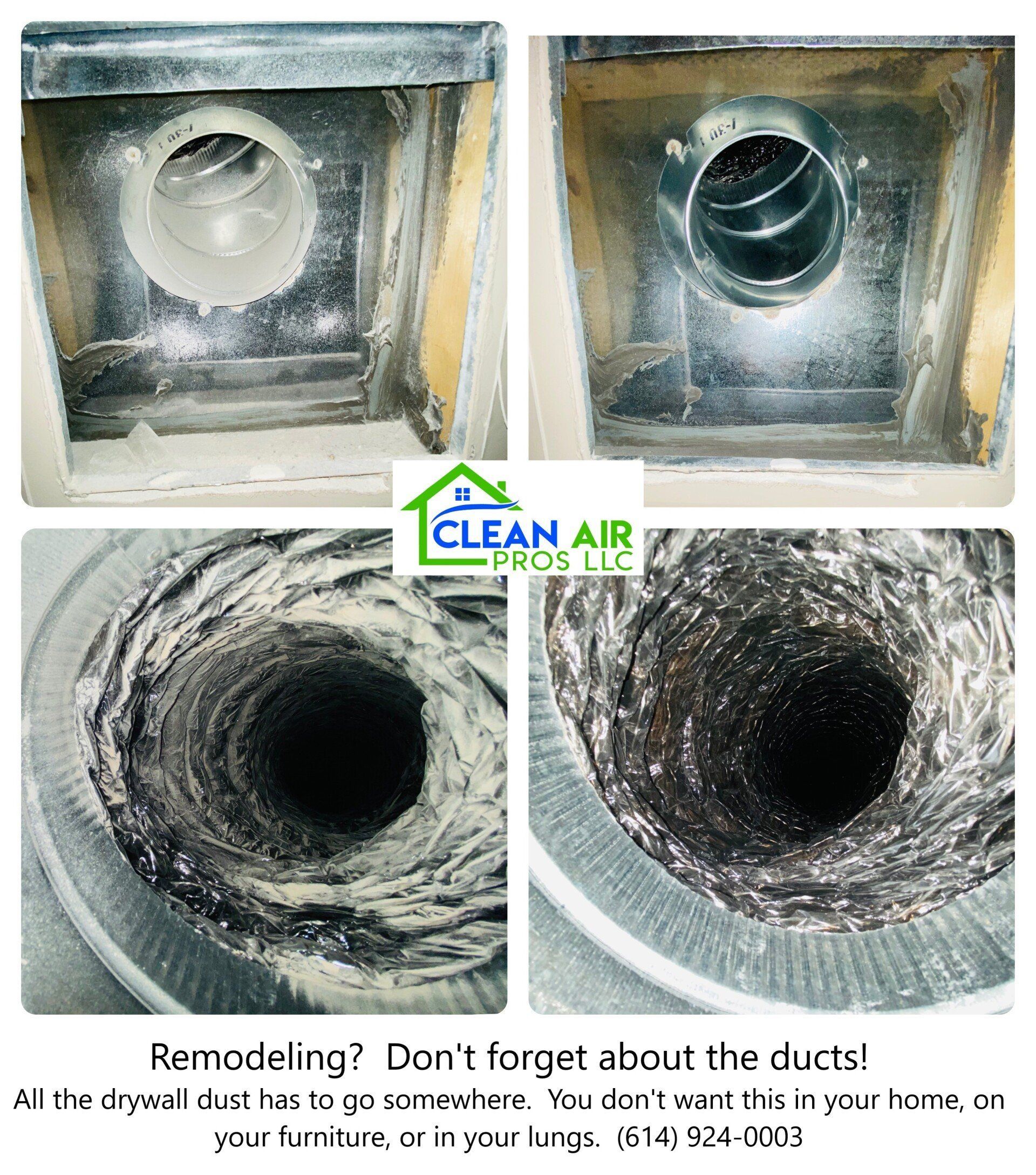 Before and after images of air ducts, showing dust buildup. A logo of 