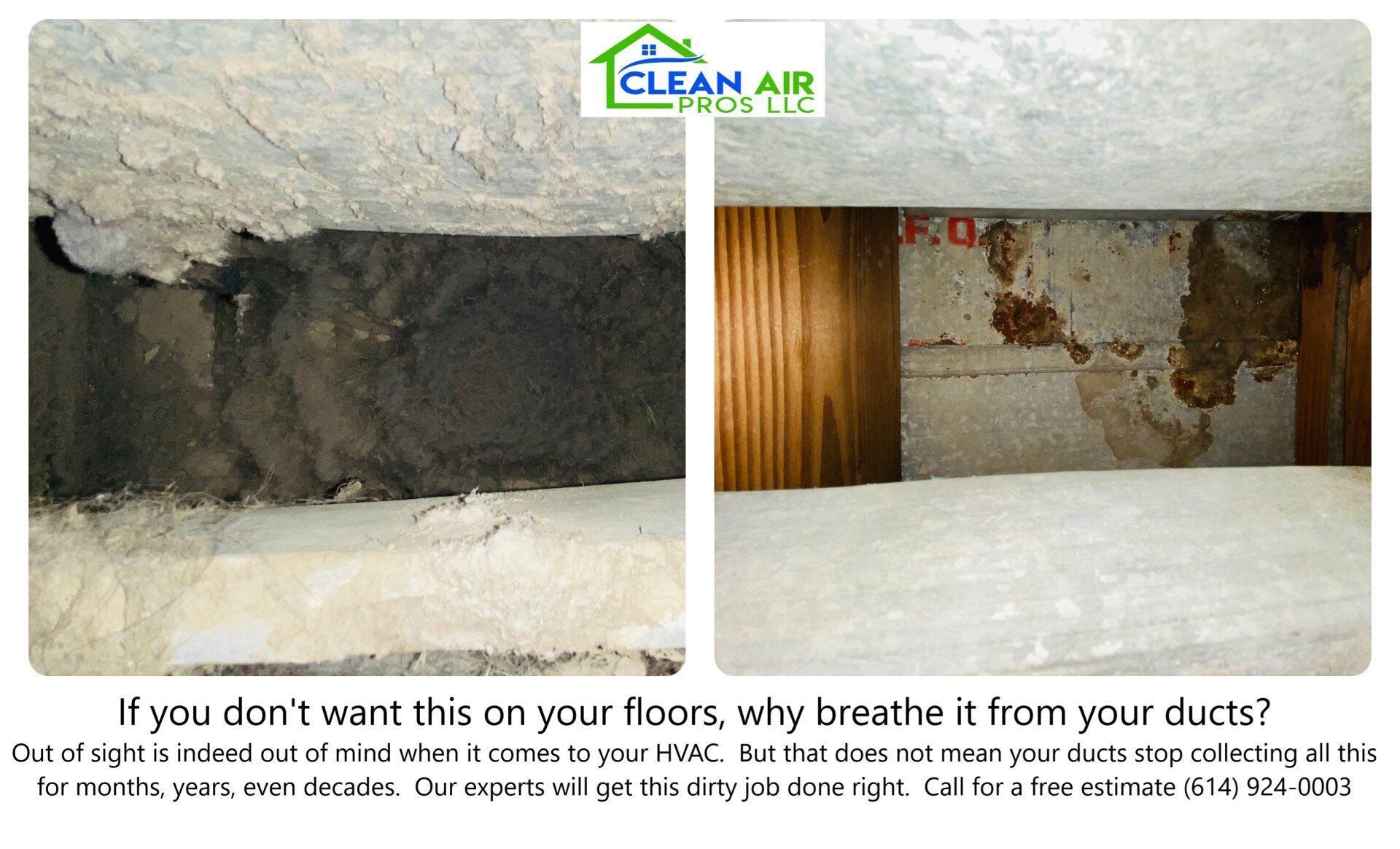 Side-by-side comparison of dirty vs. clean air ducts. 