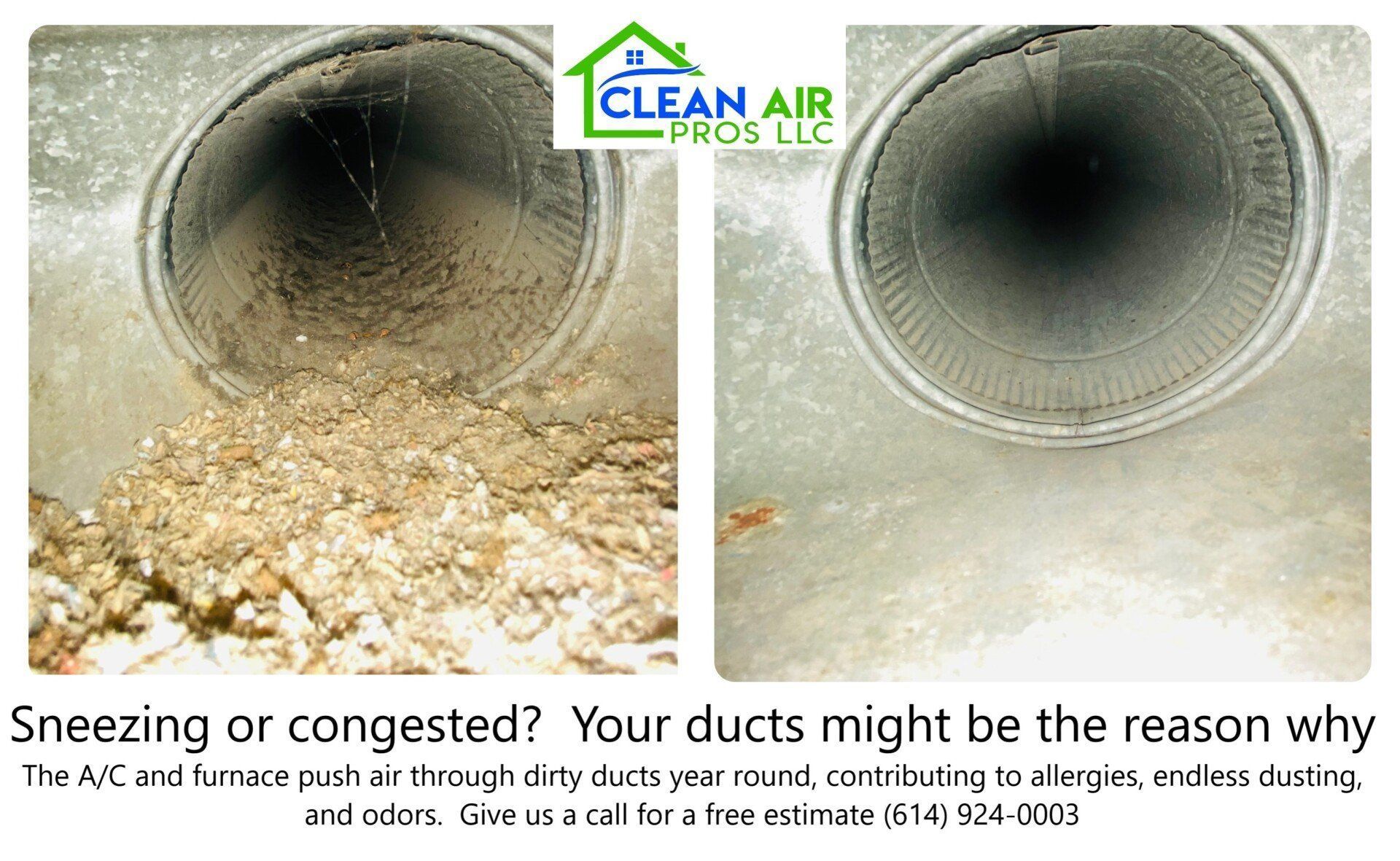 Before and after duct cleaning comparison. One side dirty, other side clean, with text about allergies and odors.