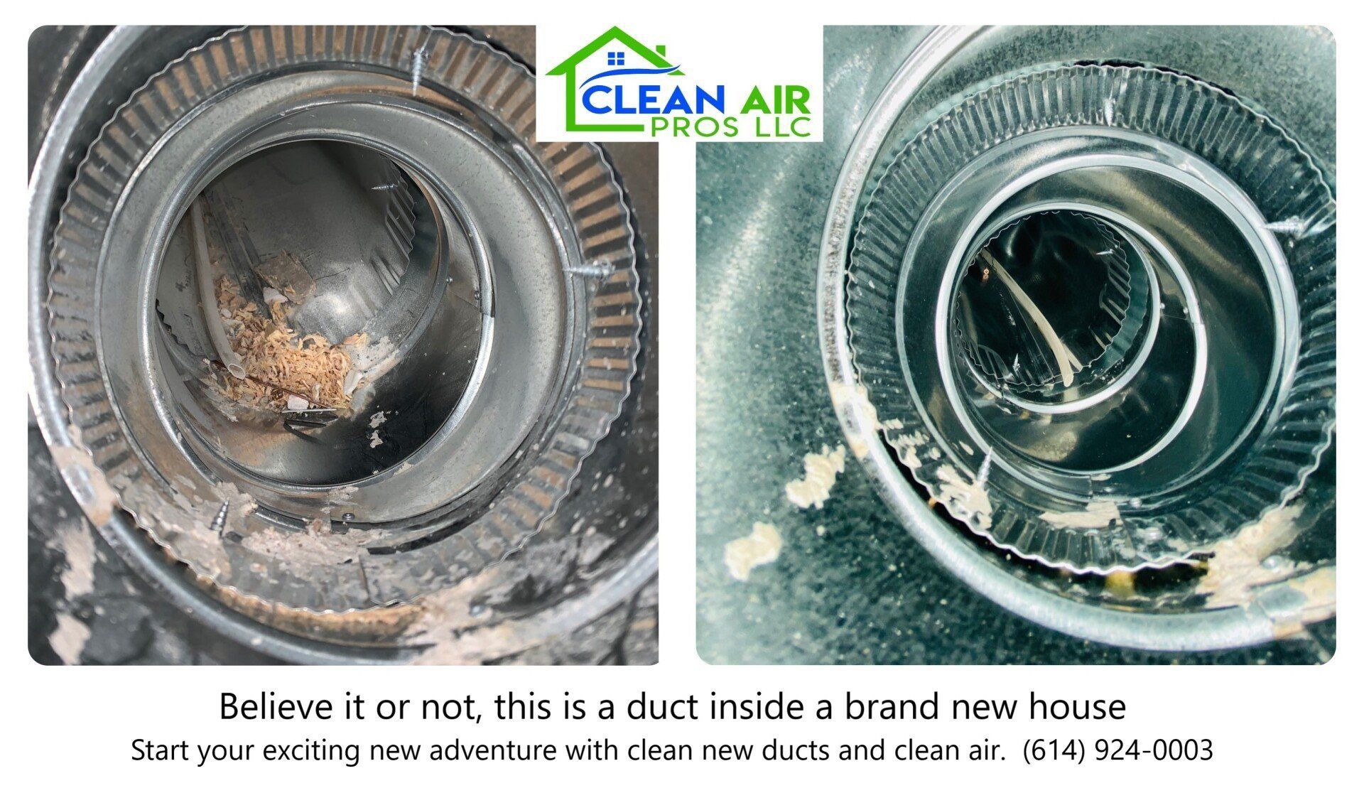 Before and after air duct cleaning comparison. Dirty duct on left, clean duct on right.