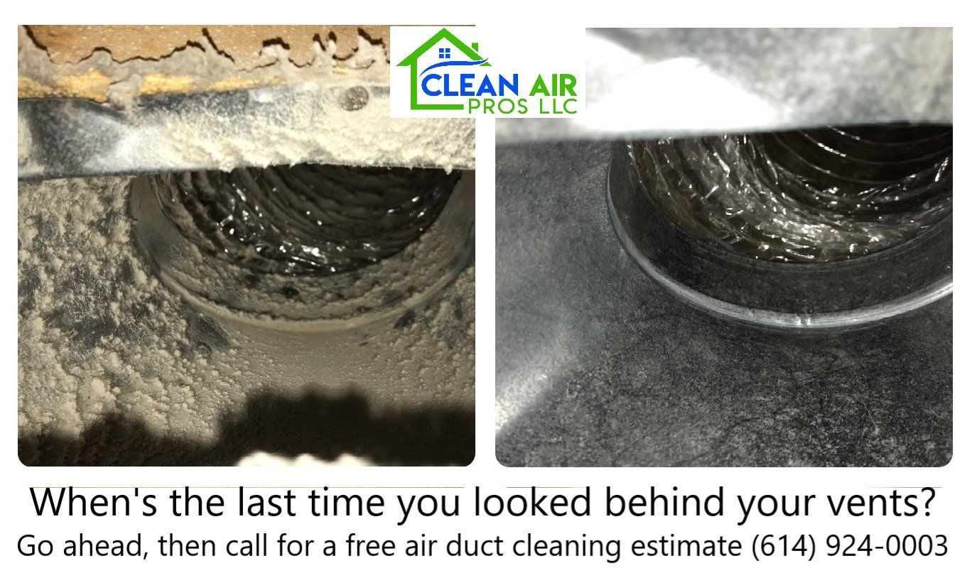 Side-by-side air duct photos; one dirty, one clean. Text: 