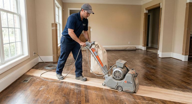 Un ouvrier ponce un parquet dans une pièce lumineuse et vide dotée de grandes fenêtres.