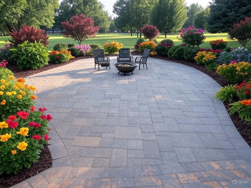 A patio with chairs and a fire pit surrounded by flowers
