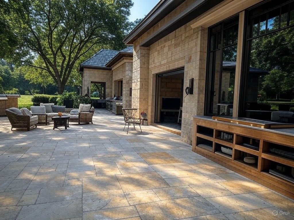A large patio with a lot of furniture and a sliding glass door.