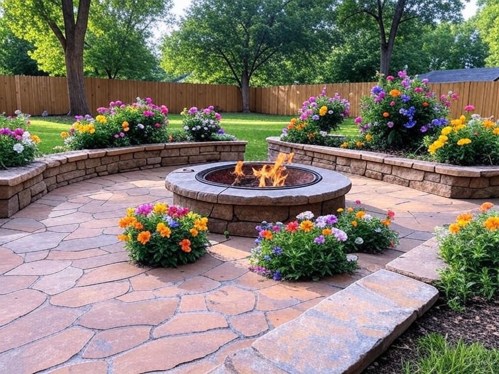 A fire pit in the middle of a patio surrounded by flowers.