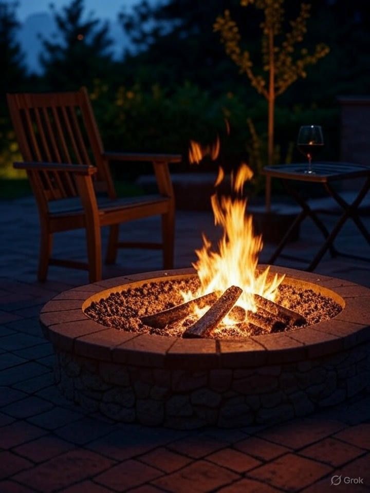 A fire pit with a chair and a glass of wine in the background.