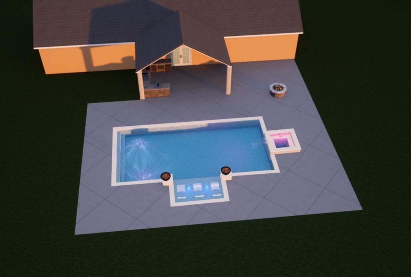 A 3D architectural rendering of a backyard patio with a pool, sun deck, hot tub, and a small outdoor fire pit area.