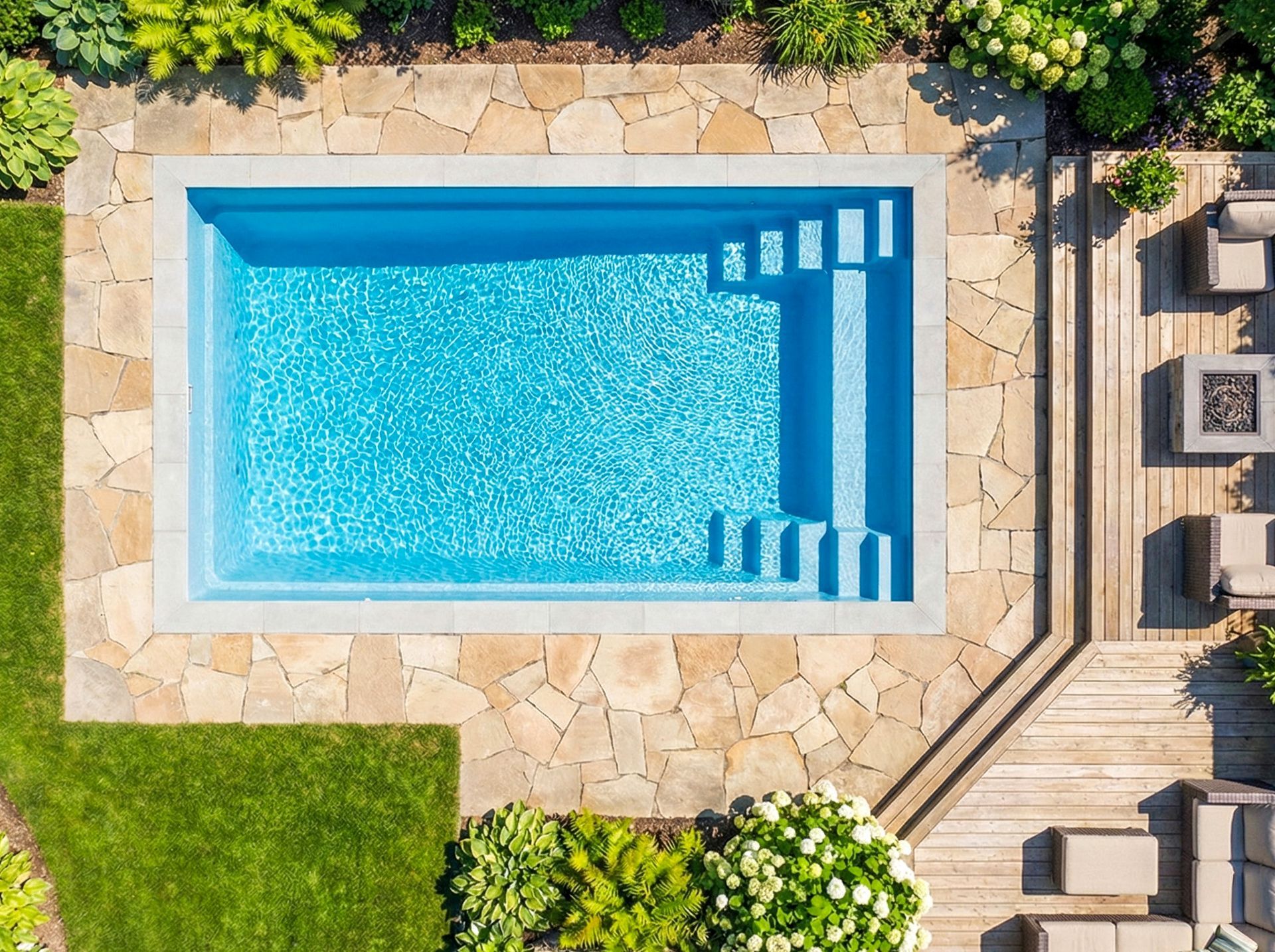 An overhead view of a rectangular, light-blue swimming pool surrounded by stone pavers, lush greenery, and wooden decking.