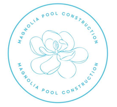 Light blue circular logo with a magnolia flower illustration in the center and the text "MAGNOLIA POOL CONSTRUCTION."