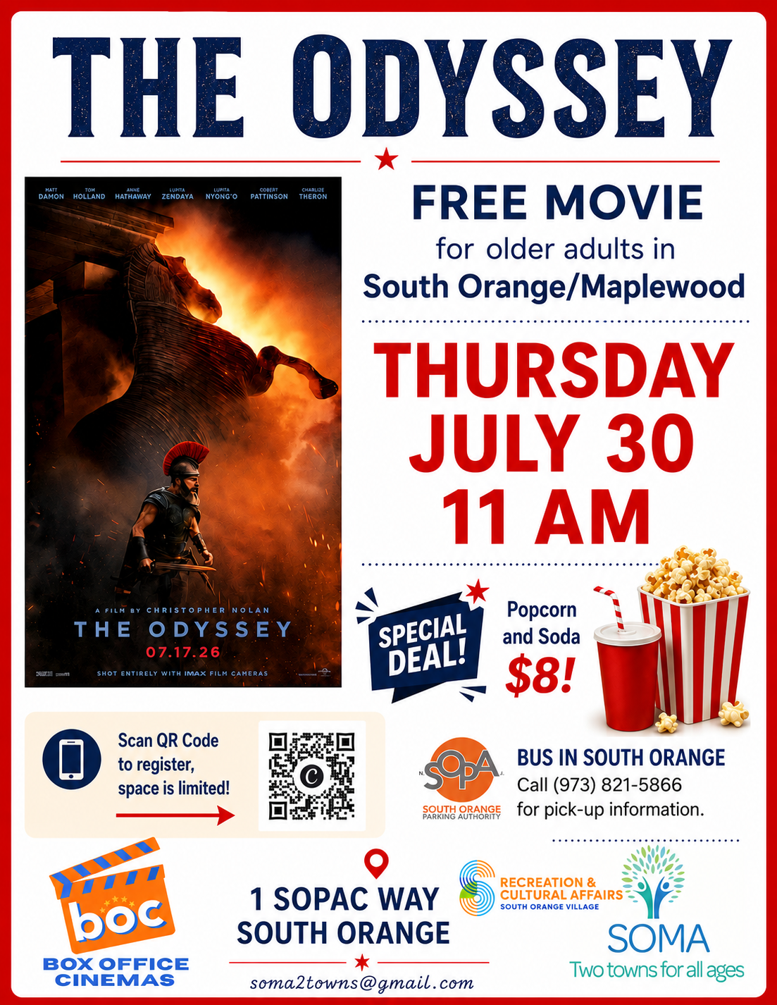 Free movie poster for The Odyssey, Thursday July 30 at 11 AM in South Orange/Maplewood, with popcorn and ticket icons