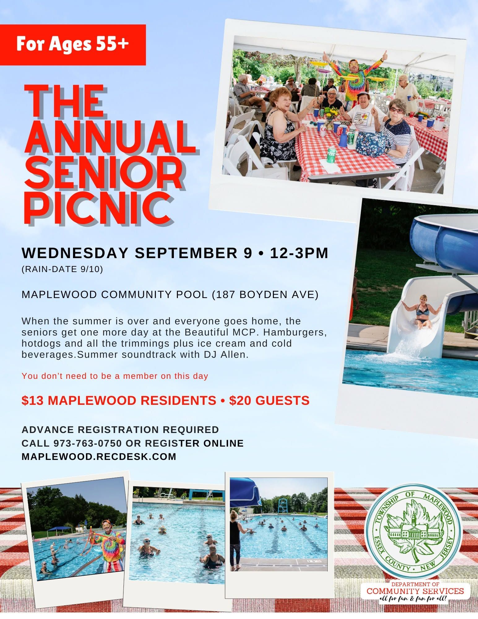 Senior picnic flyer with pool photos, blue water, and red title text for an outdoor event.