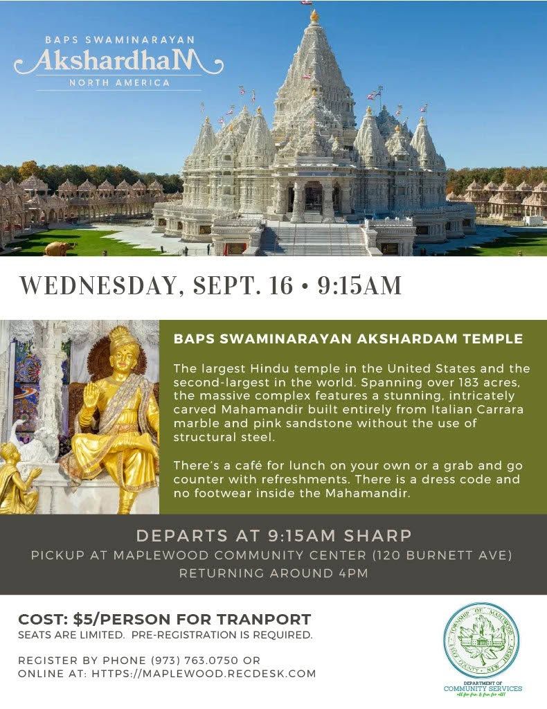 Akshardham temple event flyer with temple photo, date, times, and Gandhinagar location details