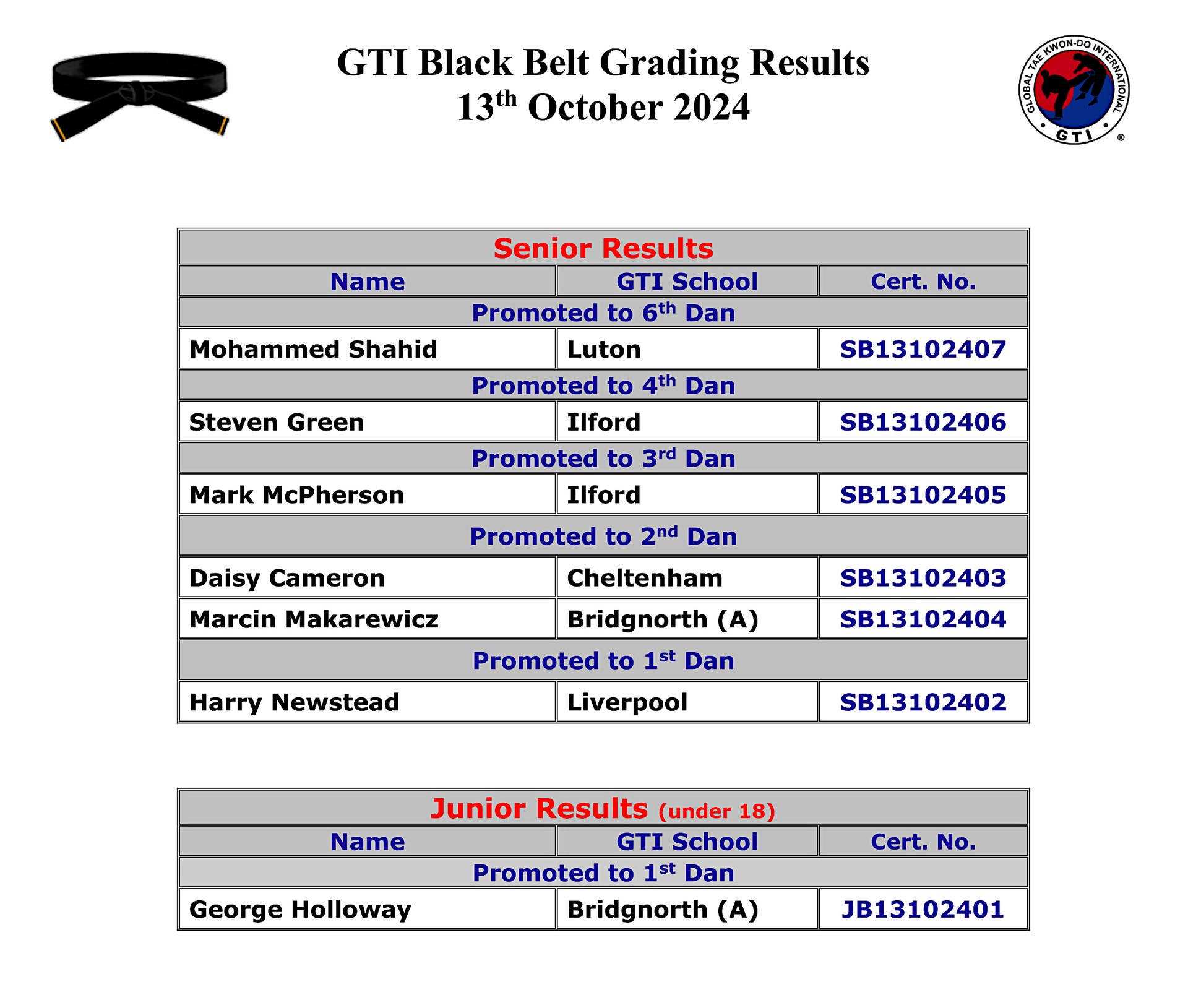 Image of list of results for successful dan grading applications