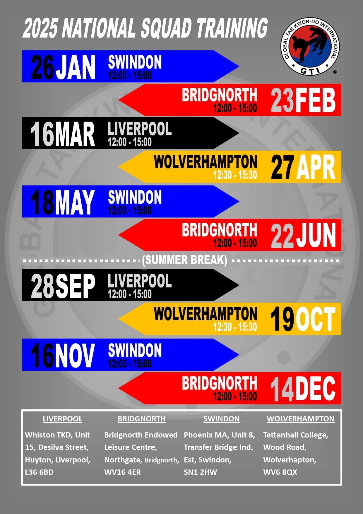 Poster image of GTI 2025 squad training dates.