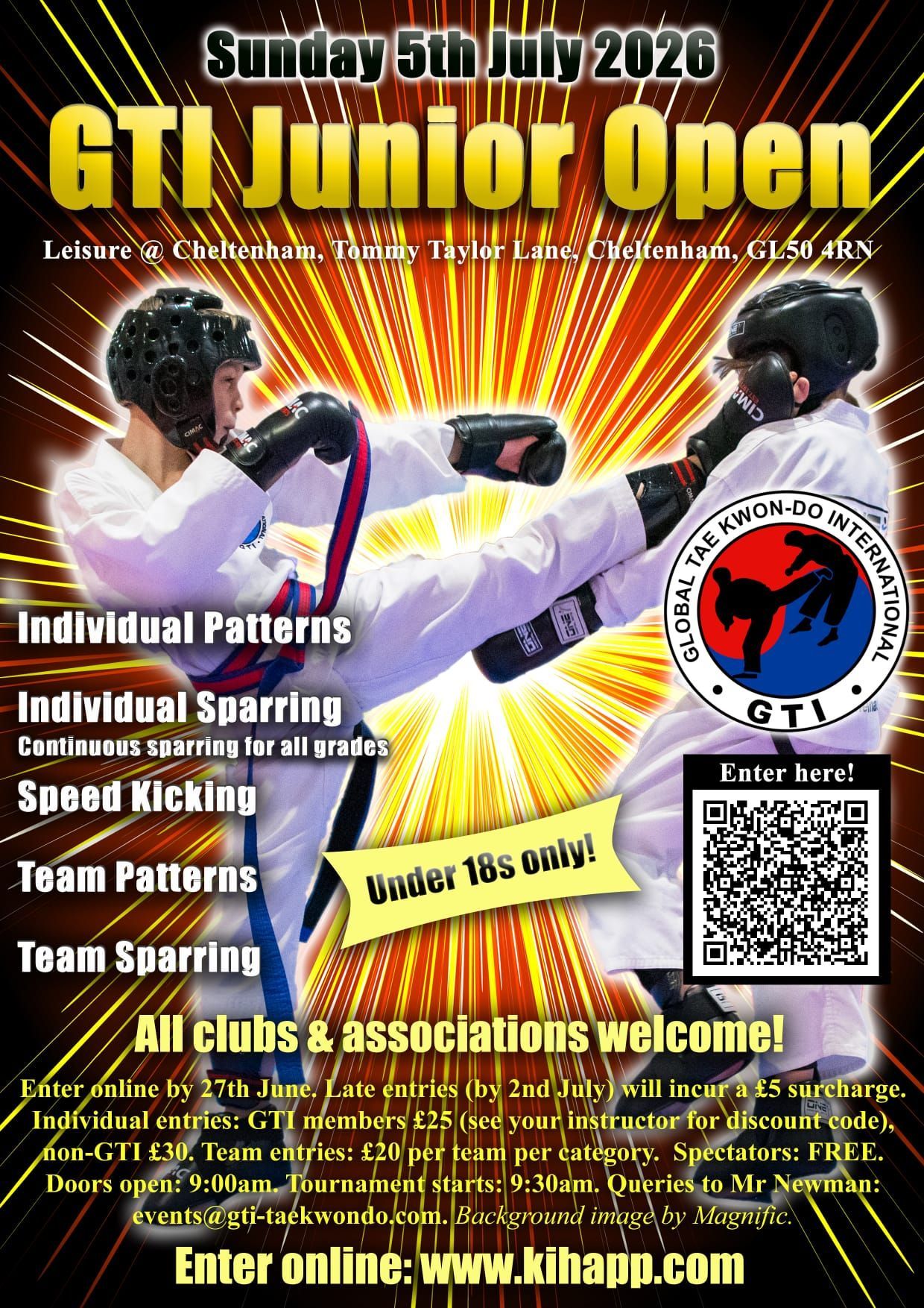Click to image to enter online or scan the QR code. Poster for GTI Junior Open 2026