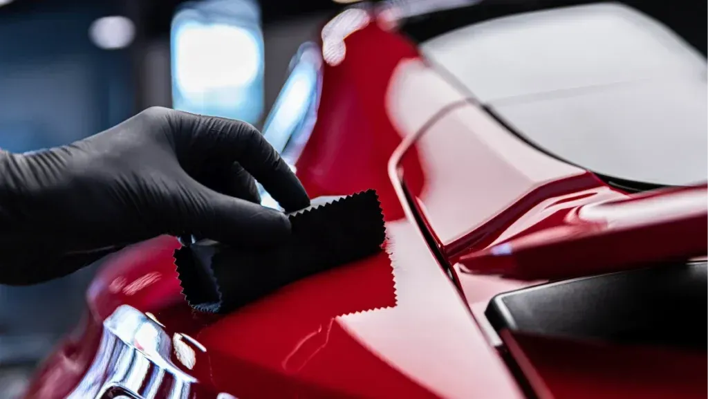 A person is holding a sponge in front of a car.