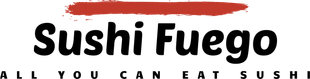 Sushi Fuego logo with bold black text and red brushstroke above, on a white background