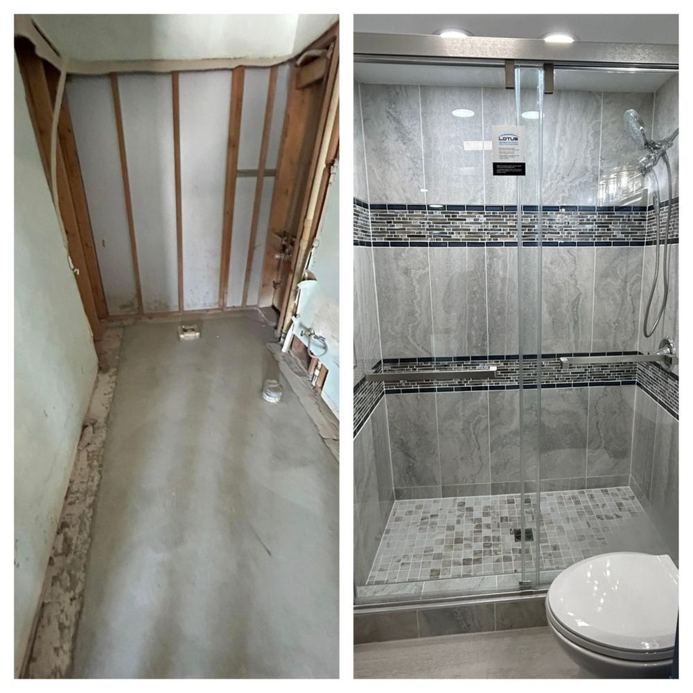 Bathroom renovation: Before and after. Old walls exposed, new shower with gray tiles and glass door.