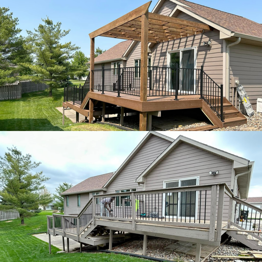 Before-and-after view: A home's deck with pergola; stained wood and black railings in the after photo, gray in the before.