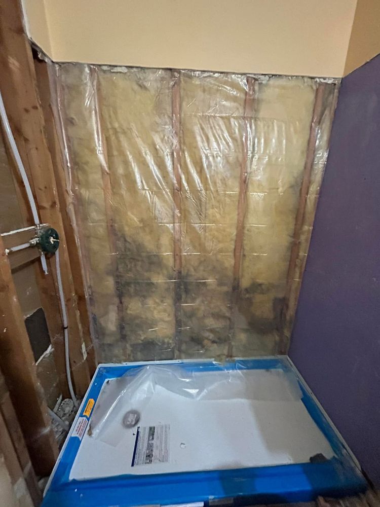 Shower remodel in progress; mold visible on wall studs behind plastic sheeting. New shower base in place.