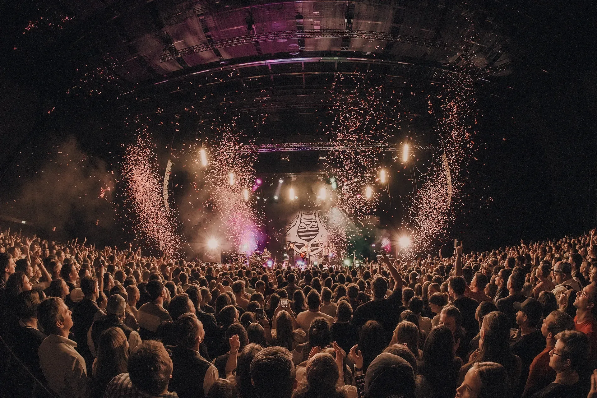 Eine Menschenmenge, die ein Konzert mit Feuerwerk im Hintergrund ansieht