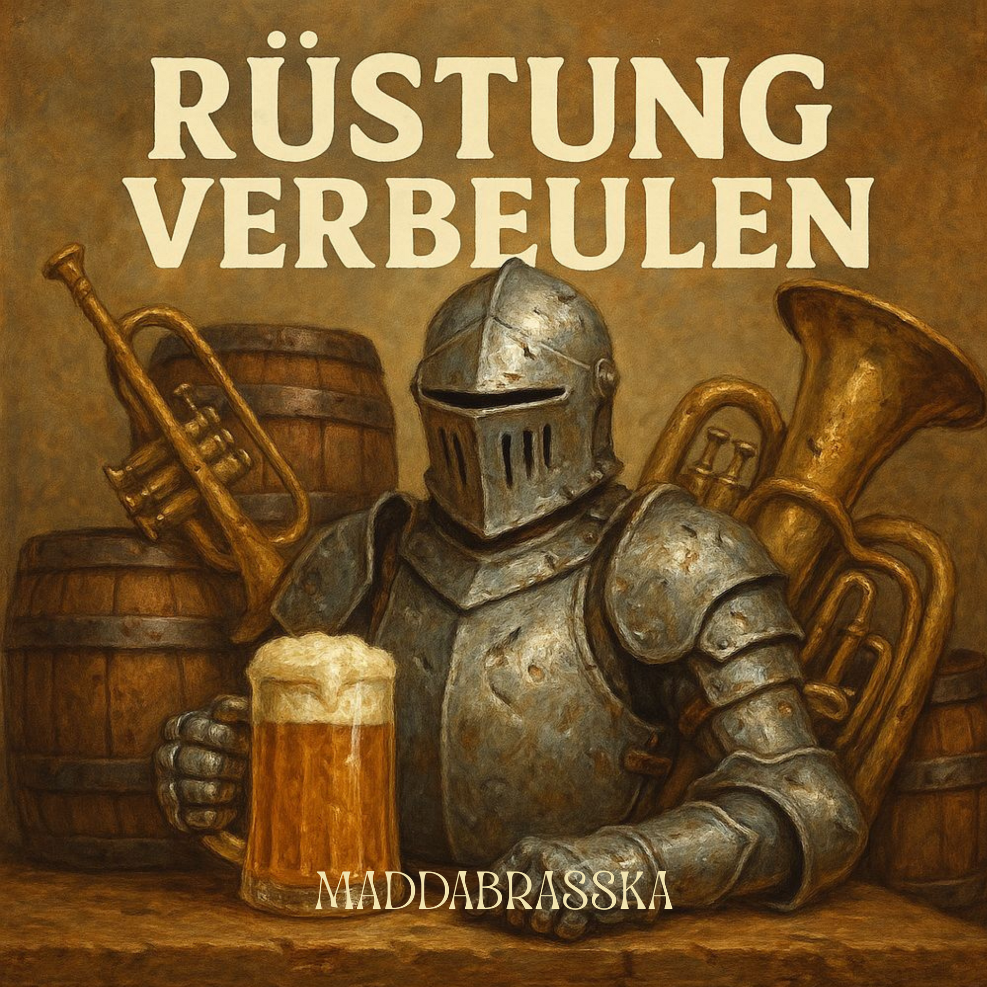 Ein Ritter in Rüstung hält ein Maßkrug mit Bier in der Hand.