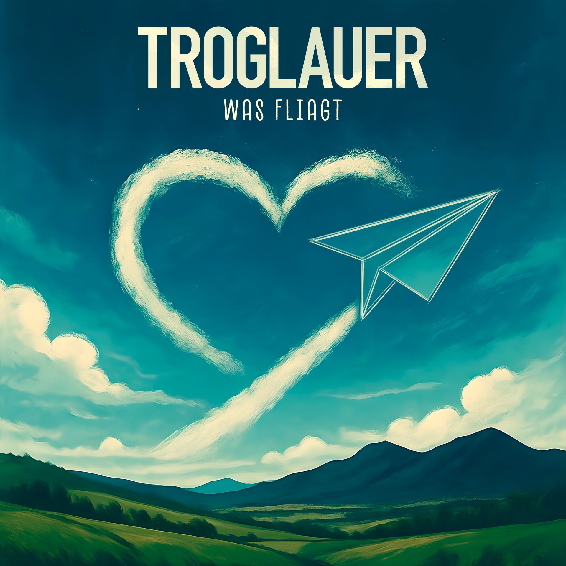 Ein Big mit einem Papierflieger, der in Form eines Herzens fliegt.