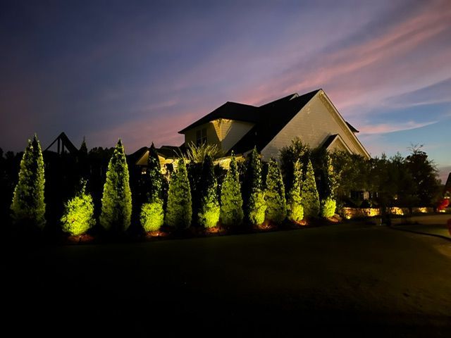 A house is lit up at night with trees in front of it.