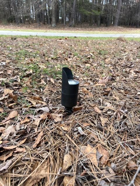 A black light is sitting in the middle of a pile of leaves.