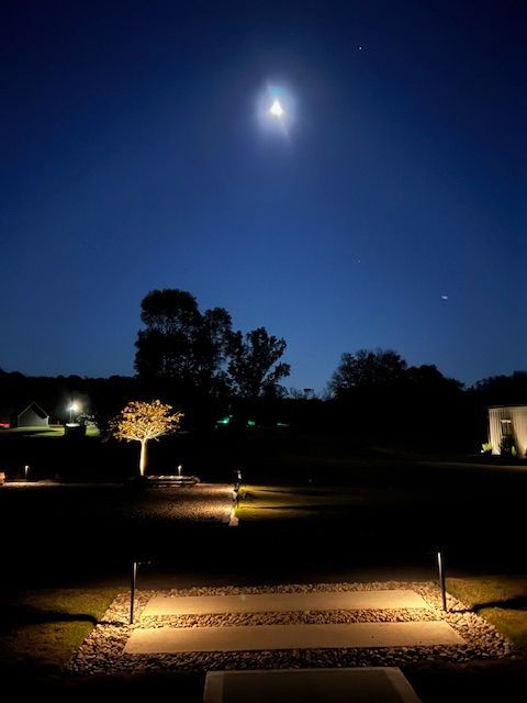 A full moon is visible in the night sky over a lush green field.