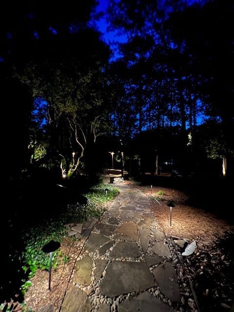 A stone walkway is lit up at night with trees in the background.