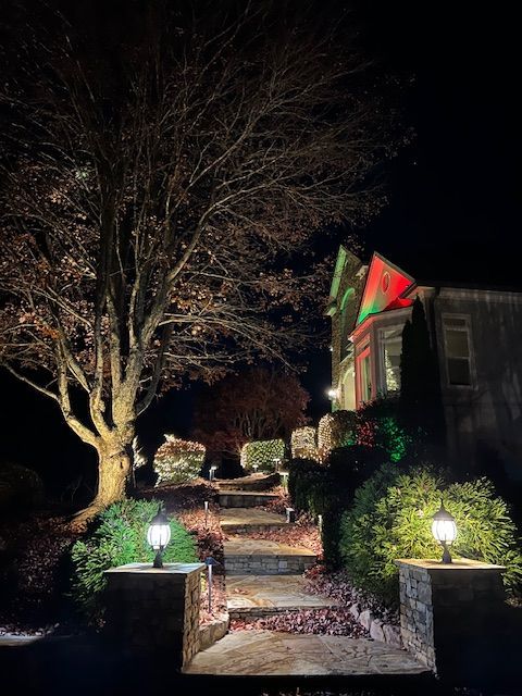A house with christmas lights on it is lit up at night.