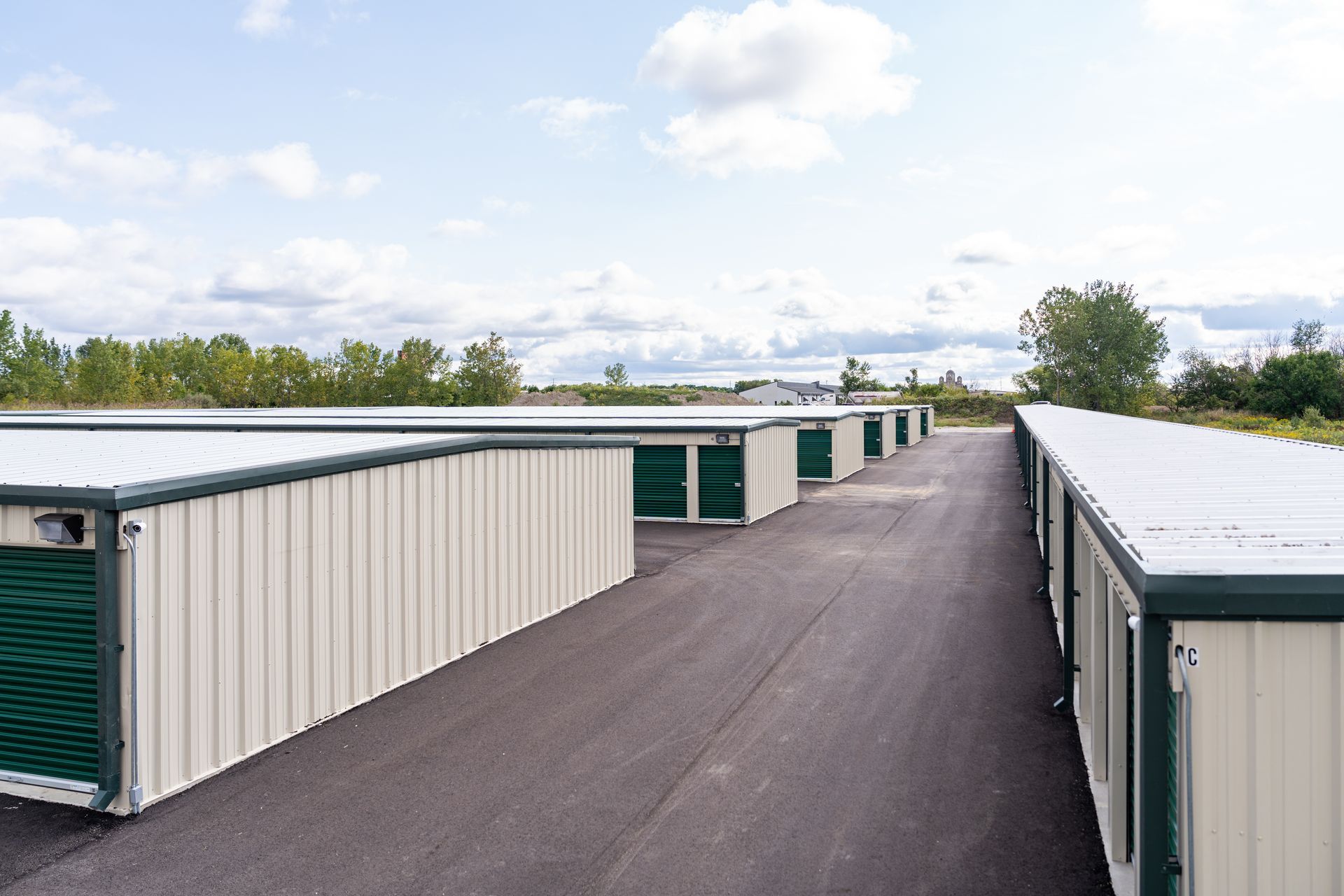 Lights and large drive aisles of our self storage facility. 