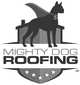 A black and white logo for mighty dog roofing