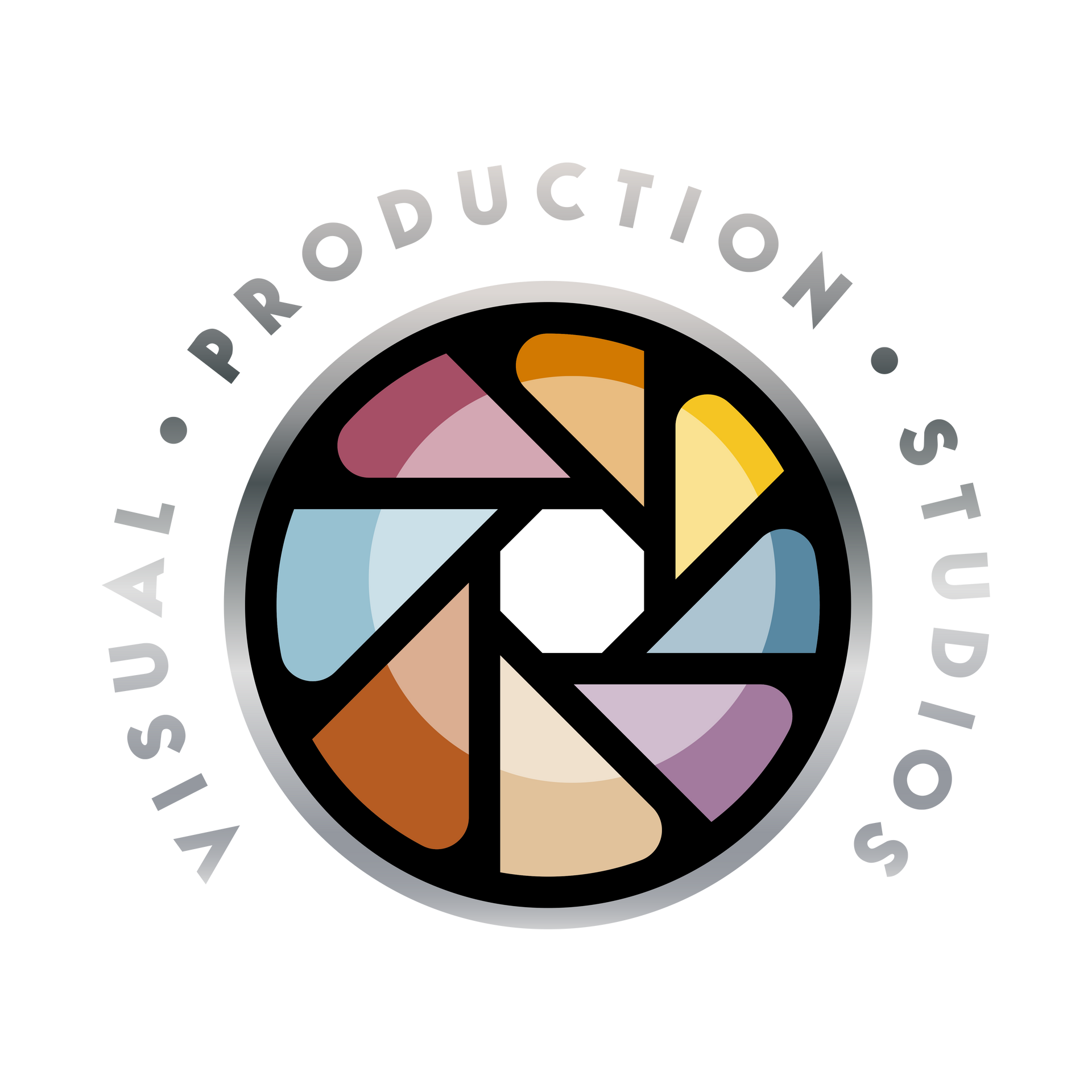 The logo for visual production studios shows a camera lens in a circle.