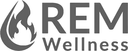 A logo for rem wellness with a flame in the middle.