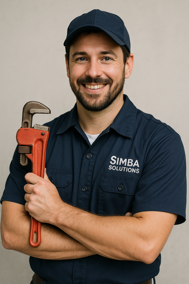 A man in a blue shirt is holding a wrench and smiling.